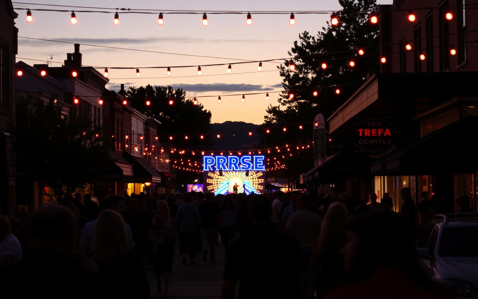 Downtown evening event with string lights