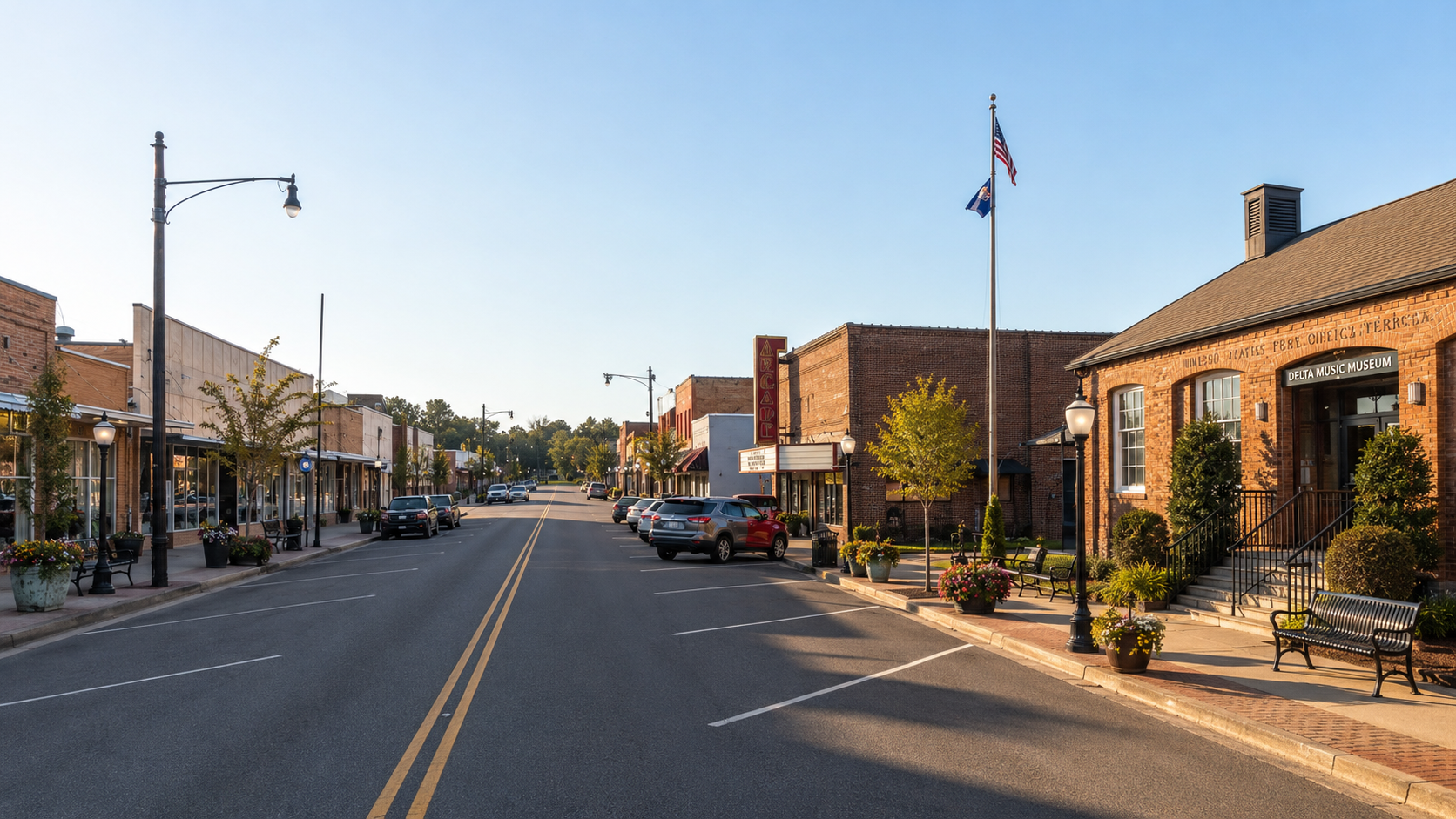Historic downtown Ferriday at dusk with glowing marquee